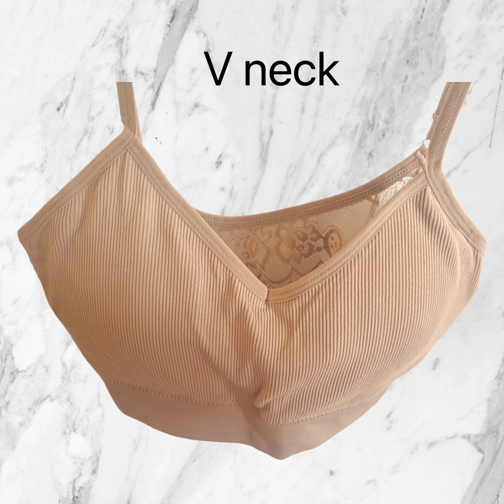 🇺🇸🆕 NWOT TAHARI | XL | TAN Seemless Bralette Lace back V-Neck - Picture 4 of 16